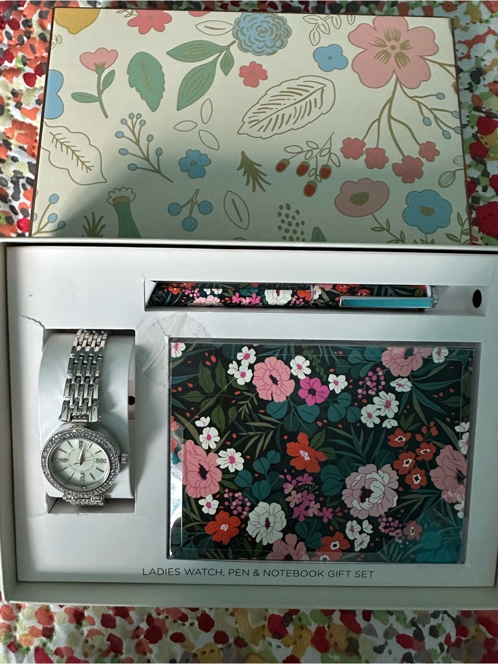 Amazon Ladies Watch, Pen & Notebook Gift Set - Floral Pink, Red, Green